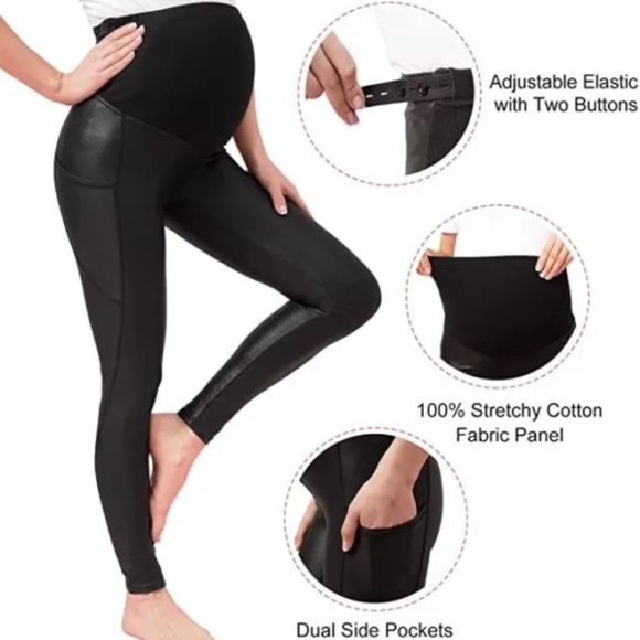 Tagoo Womens Faux Leather Maternity Leggings XXL Black Over The Belly Pregnancy - Picture 10 of 11